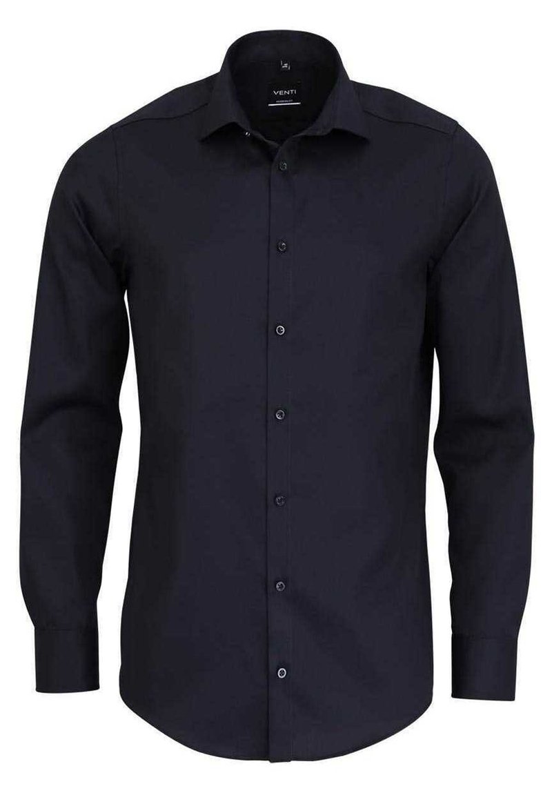 Marineblauw overhemd met lange mouwen, voorzien van een knoopsluiting, een klassieke kraag en een gladde textuur. Zwarte knopen complementeren het ontwerp.