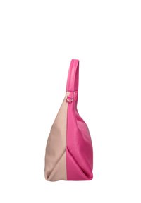 Borsa a tracolla in pelle rosa e beige con una forma triangolare e una sola tracolla. Presenta una texture liscia e un design minimalista.