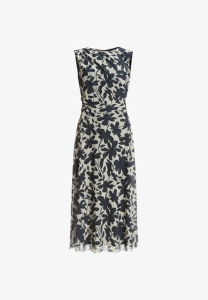 Sukienka bez rękawów z białym i czarnym wzorem kwiatowym, z dopasowanym gorsetem, drapowanym materiałem i zwiewną spódnicą.