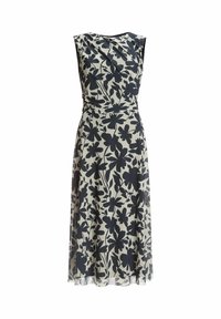 Robe sans manches avec un motif floral blanc et noir, comprenant un corsage ajusté, un tissu drapé et une jupe fluide.