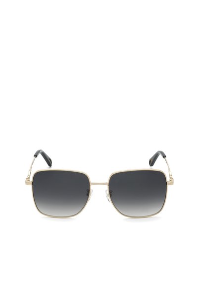 Lunettes de soleil carrées avec une monture en métal doré et des verres dégradés gris foncé, avec des branches noires et des plaquettes de nez réglables.