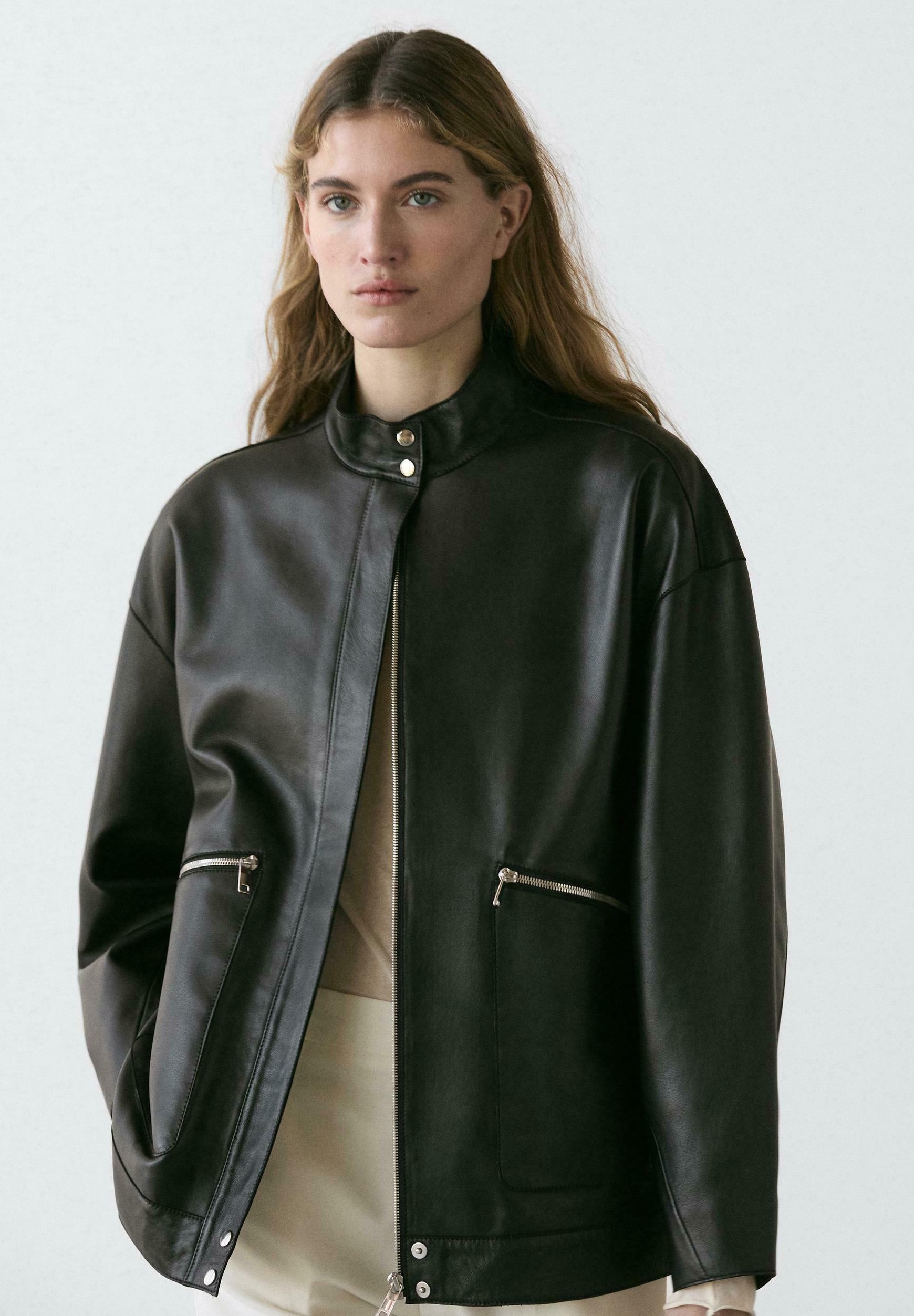 Massimo Dutti WITH POCKET DETAILS - Leather jacket - black - Zalando