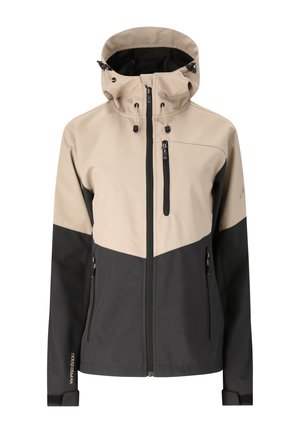 Beige en zwarte waterdichte outdoorjas met capuchon, verstelbare trekkoorden, ritssluiting aan de voorkant en met rits afsluitbare borst- en zijzakken.