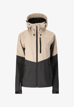 Beige en zwarte waterdichte outdoorjas met capuchon, verstelbare trekkoorden, ritssluiting aan de voorkant en met rits afsluitbare borst- en zijzakken.