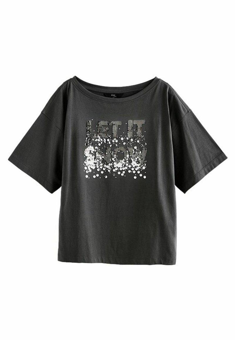 Mørkegrå oversized t-shirt lavet af bomuld, med et sølvfarvet pailletgrafik der staver "LET IT SNOW" i en løs, afslappet pasform.