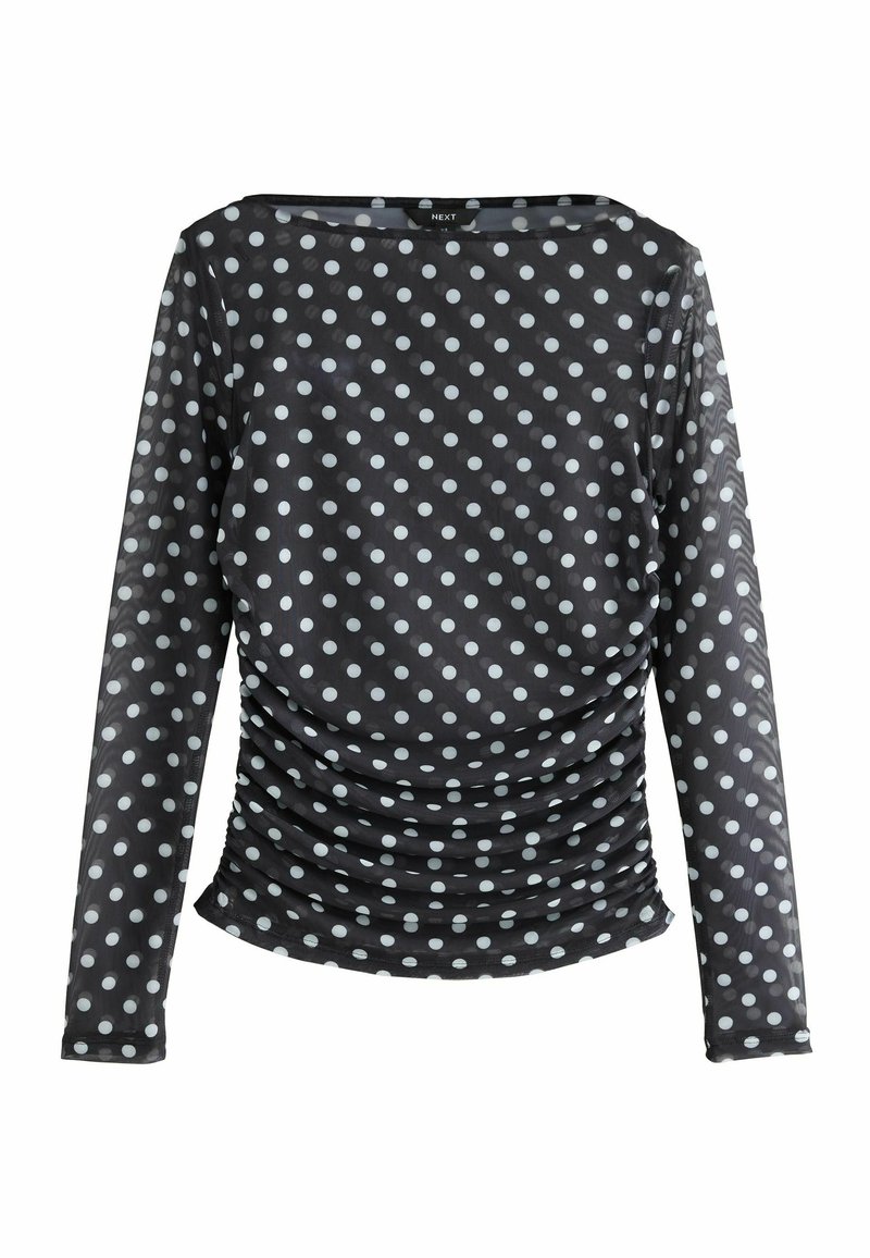 Black long-sleeve top featuring white polka dots, ruched sides, and a wide neckline. Soft, lightweight fabric with a smooth texture.