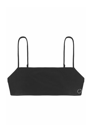 Juodas trumpas topas su plonomis spaghetti petnešomis, pagamintas iš lygios medžiagos. Savybės: kvadratinis iškirpimas ir mažas apvalus logotipas šone.