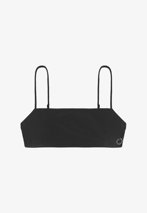 Črn kratki top z tankimi naramnicami, izdelan iz gladkega materiala. Ima kvadratni izrez in majhen okrogel logo na strani.