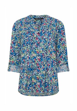 Chemisier bleu à fleurs boutonné, manches trois-quarts et coupe décontractée, avec de petites fleurs roses, blanches et vertes.