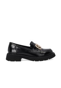 Schwarze Lackleder-Loafer mit einer massiven schwarzen Sohle, ausgestattet mit einem goldakzentuierten Schnallendetail und glatter, glänzender Oberfläche.