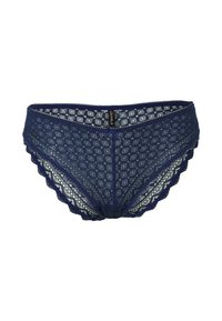 Perizoma in pizzo blu navy con motivo a diamante, bordi ondulati e un fiocco decorativo centrale. Etichetta con il nome del marchio visibile.