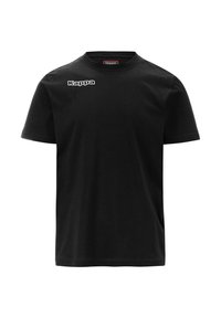 T-shirt in cotone nero con maniche corte e scollo rotondo. Presenta il logo "Kappa" in bianco sull'area del petto a sinistra.