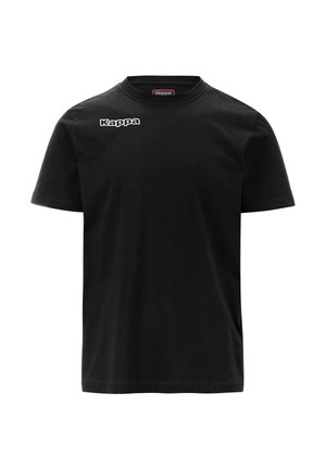 T-shirt in cotone nero con maniche corte e scollo rotondo. Presenta il logo "Kappa" in bianco sull'area del petto a sinistra.