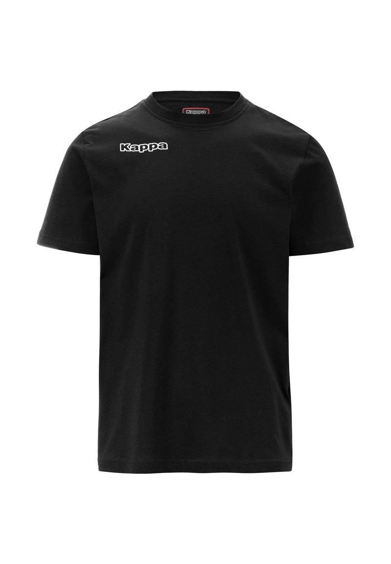 T-shirt in cotone nero con maniche corte e scollo rotondo. Presenta il logo "Kappa" in bianco sull'area del petto a sinistra.