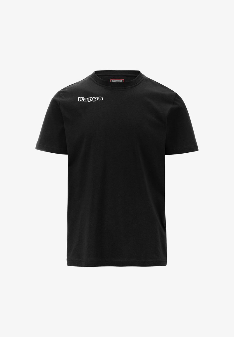 T-shirt in cotone nero con maniche corte e scollo rotondo. Presenta il logo "Kappa" in bianco sull'area del petto a sinistra.
