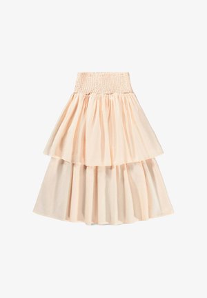 Falda en tonos durazno con volantes y cintura fruncida, confeccionada con tela ligera. Cuenta con tres capas y una textura suave y fluida.