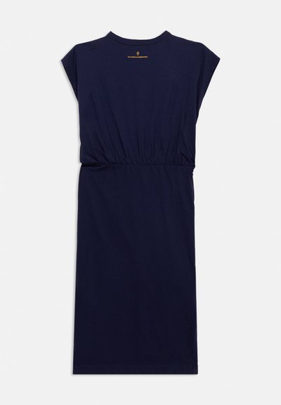 Φόρεμα μήκους μέχρι το γόνατο σε ναυτικό μπλε χρώμα με κοντά σκέλη και κοντά καπαρωτά μανίκια, ελαστική μέση και μικρό κίτρινο κείμενο λογότυπο «The Animals Observatory» στο πάνω μέρος της πλάτης.