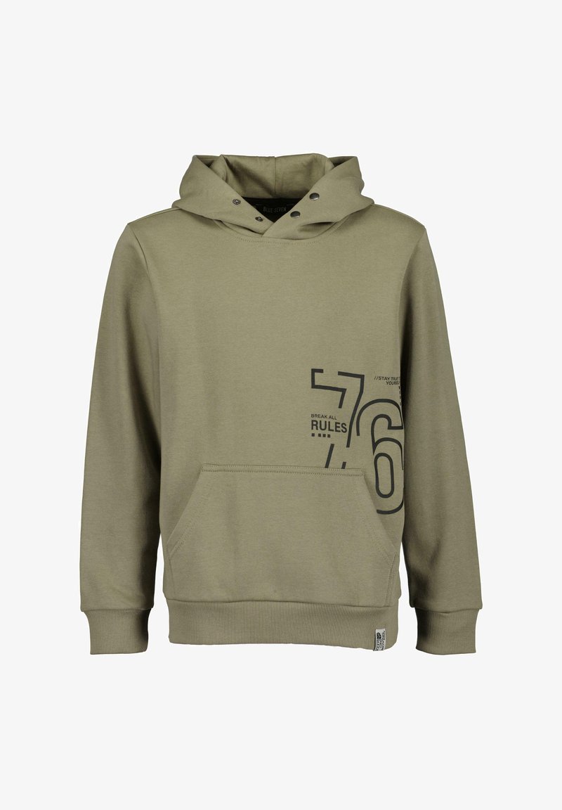 Sweat à capuche vert olive avec poche avant, texte imprimé noir "BREAK ALL RULES" et numéro "76" sur la poitrine, et détails de boutons sur la capuche.