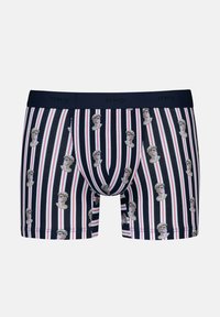 Marineblauwe gestreepte boxershorts met witte en rode lijnen en herhaalde illustraties van buste met een bril. Elastische tailleband met logo.