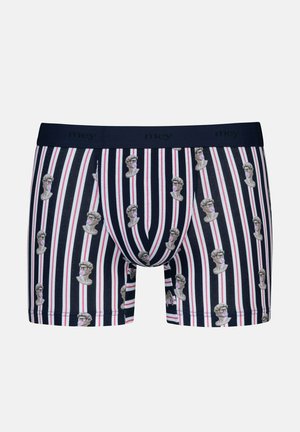 Marineblauwe gestreepte boxershorts met witte en rode lijnen en herhaalde illustraties van buste met een bril. Elastische tailleband met logo.