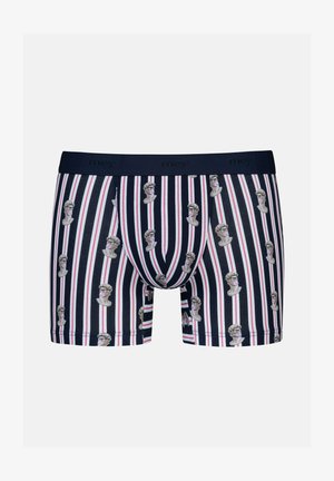 Marineblauwe gestreepte boxershorts met witte en rode lijnen en herhaalde illustraties van buste met een bril. Elastische tailleband met logo.