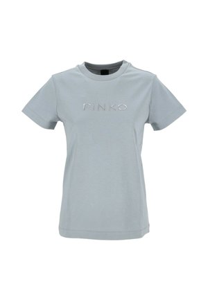 T-shirt a maniche corte di colore grigio chiaro con scollo rotondo e logo "PINKO" in rilievo al centro del petto.