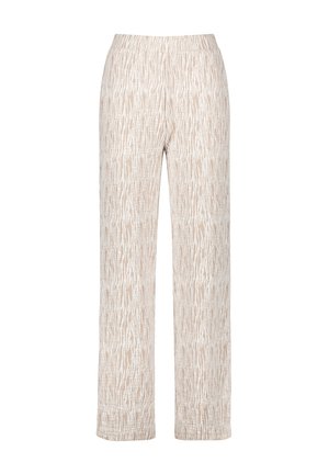 Beige patterned wide-leg pants with an elastic waistband. The texture features abstract lines in a lighter shade, offering a soft, flowing design.