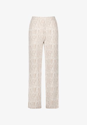 Beige patterned wide-leg pants with an elastic waistband. The texture features abstract lines in a lighter shade, offering a soft, flowing design.