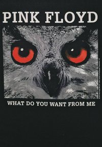 Černé tričko s velkým potiskem sovy s intenzivně červenýma očima, šedým peřím a textem "PINK FLOYD" a "CO OD MĚ CHCEŠ".