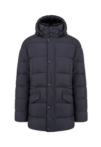 Granatowa kurtka puchowa z wysokim kołnierzem, z przodu zapinana na guziki, z dwiema bocznymi kieszeniami i pikowanym wzorem, wykonana z materiałów syntetycznych.