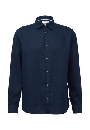 Dunkelblaues Langarmhemd aus leichtem Material, mit einem Button-Down-Kragen und kontrastierenden Knöpfen entlang der Vorderseite.