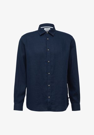 Dunkelblaues Langarmhemd aus leichtem Material, mit einem Button-Down-Kragen und kontrastierenden Knöpfen entlang der Vorderseite.