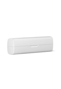 Boîtier rectangulaire blanc aux bords arrondis, surface lisse en plastique, ouverture frontale coulissante, conçu pour un rangement compact.