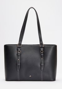 Czarna syntetyczna torba typu tote z dwoma długimi paskami, gładką fakturą, białymi akcentami w postaci ściegów oraz małym logo blisko podstawy.