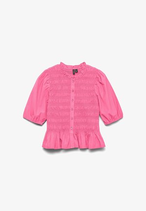 Roosa lühikeste varrukatega pluus smockitud rindega ja volangi äärisega. Omab ümmargust kaelust ning nööpidega sulgemist ees. Pehme kangast tekstuur.