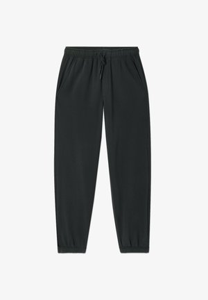 Mustad pehmest kangast spordipüksid, mis on varustatud elastse vöökohaga, paelaga, küljetaskute ja kitsenevate säärtega.