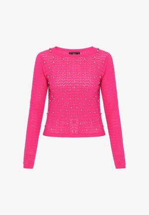 Roze gebreide trui met lange mouwen, een ronde hals en decoratieve zilveren studs gelijkmatig verdeeld over de stof.