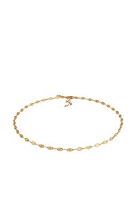 Gold chain necklace featuring oval links with textured designs. Includes a clasp and extender chain for adjustable length.