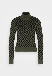 Olivgrüner Rollkragenpullover mit geometrischem schwarzem Muster, geripptem Kragen und Bündchen sowie einem cropped Design. Weiche Strickstruktur.