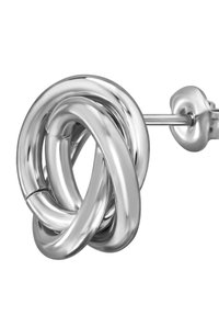 Zilveren knoopvormige oorbel met gladde, in elkaar geweven metalen buizen; slank ontwerp met een gepolijste afwerking en een post-sluiting.