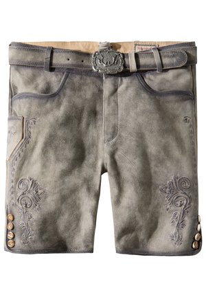 Ledershorts in einem gedämpften Grau mit tonalem Stickereimuster, Fronttaschen und dekorativen Knöpfen an den Beinen. Mit silberfarbener Gürtelschnalle.