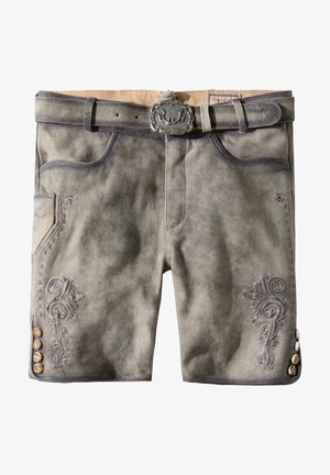 Leren shorts in gedempt grijs met tonale borduursels, voorzakken en decoratieve knopen op de benen. Inclusief zilverkleurige riemgesp.