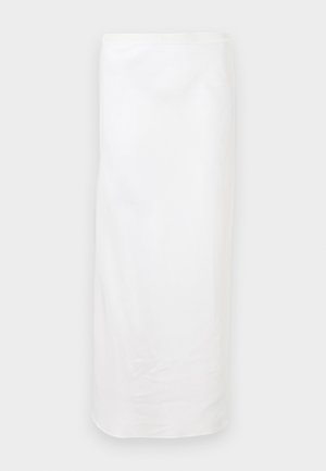 Weiße, knielange Röcke aus glattem Stoff. Besitzt ein einfaches, gerades Design mit einem elastischen Bund. Keine sichtbaren Muster oder Akzente.