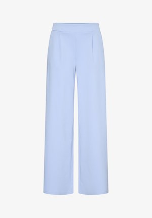 Lichtblauwe wijde broek met hoge taille en voorplooien, ontworpen voor een losse, comfortabele pasvorm.