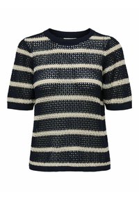 Pull en maille à manches courtes rayé bleu marine et crème avec une trame lâche, un col rond et des poignets côtelés. Présente des rayures alternées ouvertes et solides.