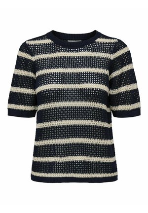 Pull en maille à manches courtes rayé bleu marine et crème avec une trame lâche, un col rond et des poignets côtelés. Présente des rayures alternées ouvertes et solides.