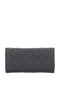 Czarny skórzany portfel z wytłoczonym okrągłym wzorem, o gładkiej fakturze i szytym brzegiem, zaprojektowany w prostokątnym kształcie.
