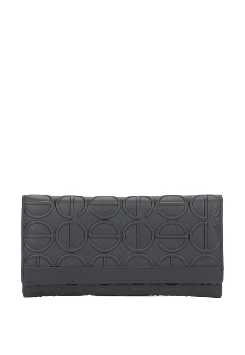 Czarny skórzany portfel z wytłoczonym okrągłym wzorem, o gładkiej fakturze i szytym brzegiem, zaprojektowany w prostokątnym kształcie.