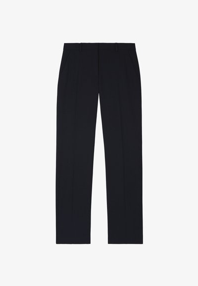 Schwarze, maßgeschneiderte Stoffhose aus glattem Material mit geradem Bein, Gürtelschlaufen und seitlichen Taschen für Funktionalität.