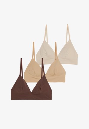 Ensemble de quatre soutiens-gorge triangulaires dans des nuances variées : marron foncé, beige et beige clair. Tissu doux et extensible avec des bretelles fines et un design sans coutures.